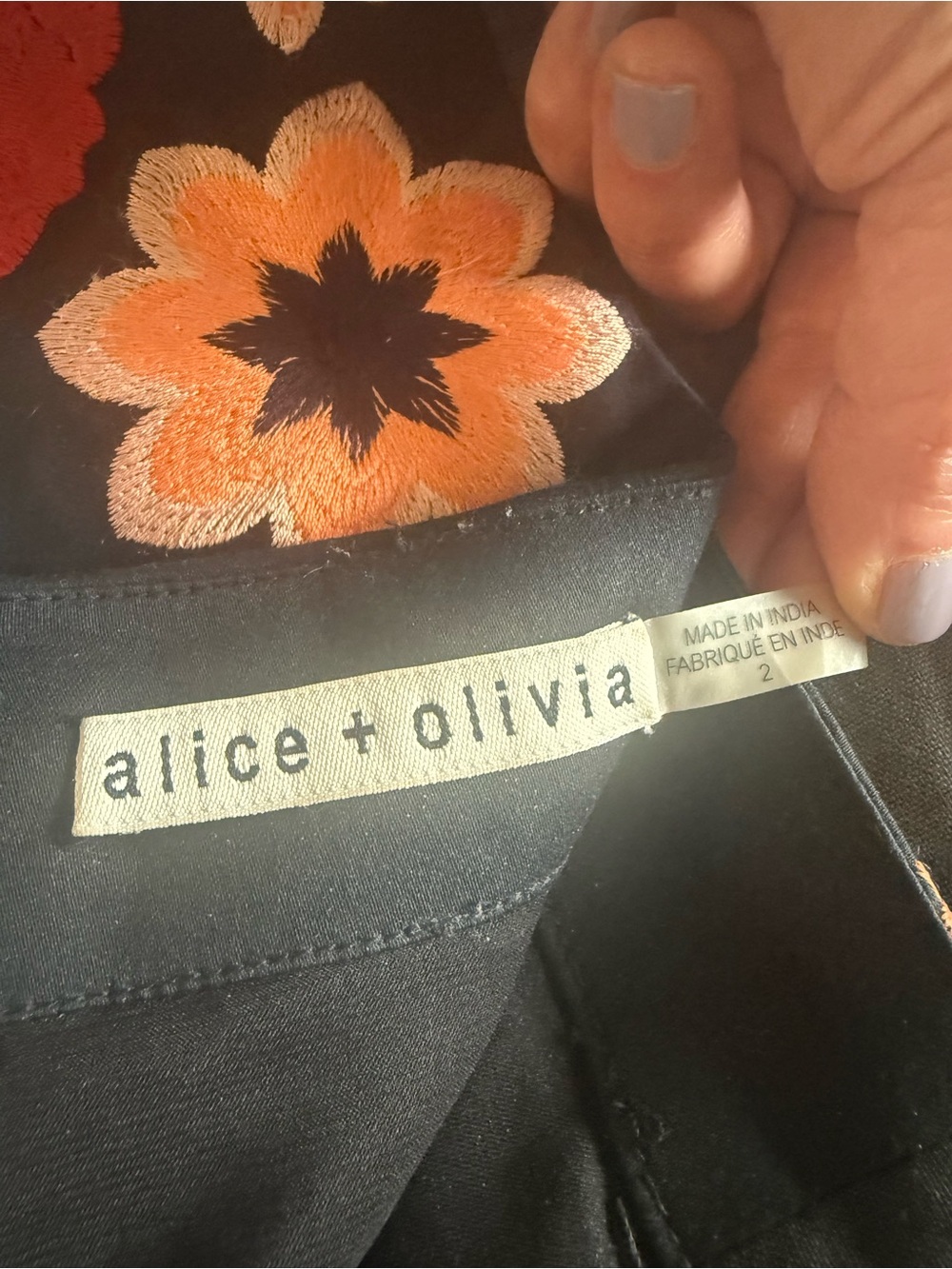 Alice + Olivia Black Top with Orange and Cream Floral Embroidery - Picture 3 of 4